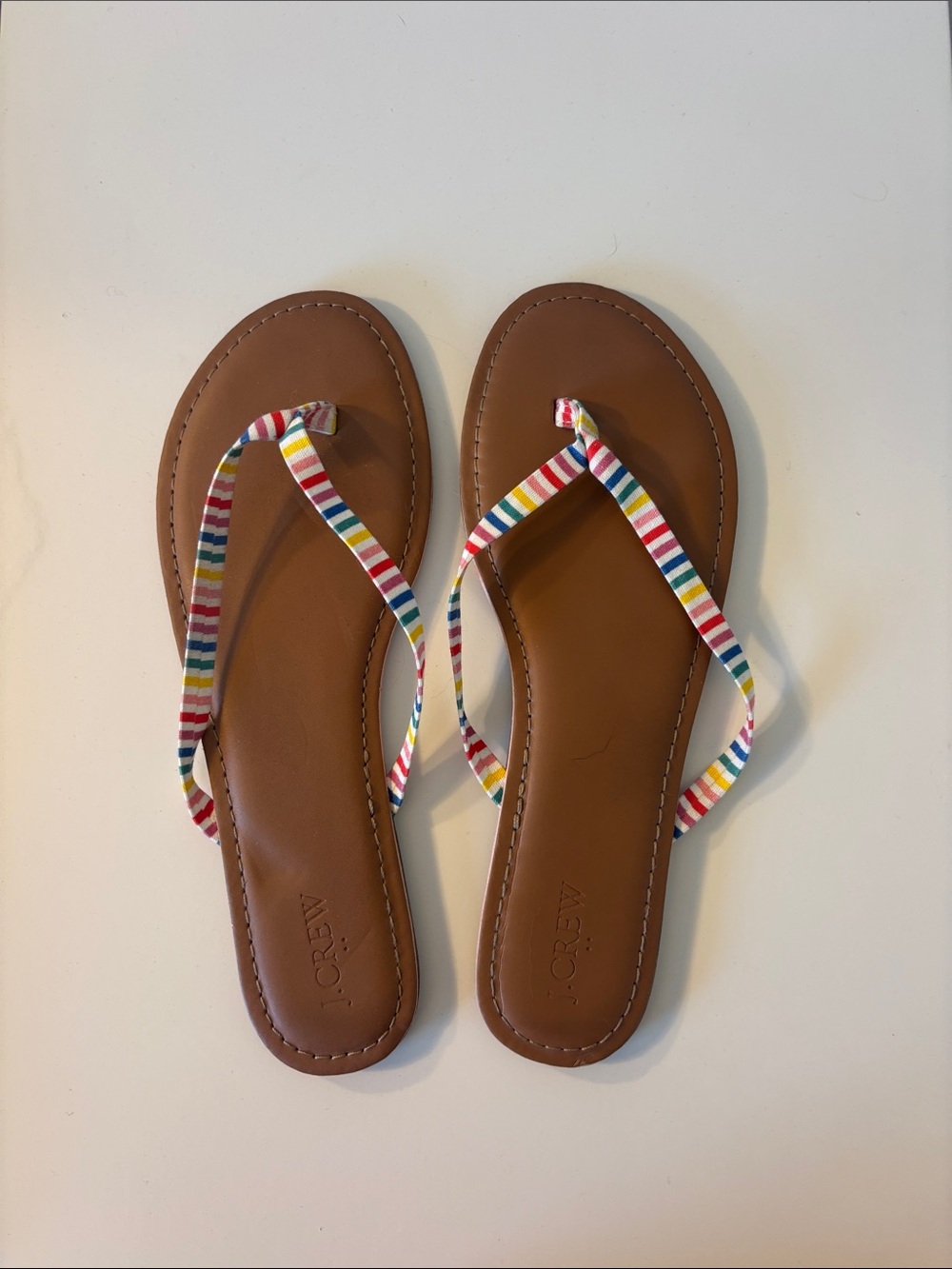 J. Crew Tan Leather Flip Flops with Multicolor Striped Straps
